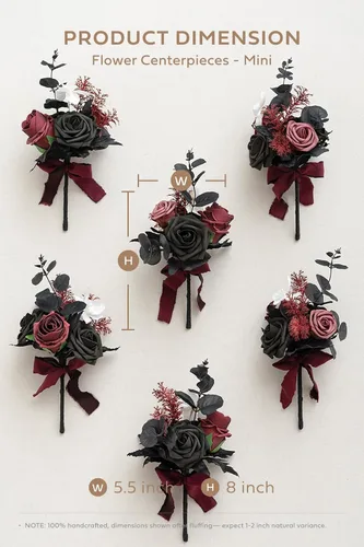 Miniatura 4 de Ling's moment Juego de 6 mini ramos de flores de boda color burdeos y negras para dama de honor, prefabricados, pequeños, florales, granate
