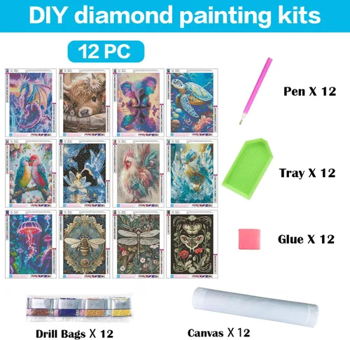 Miniatura 4 de Meothan - Paquete de 12 kits de arte de diamantes 5D para adultos, de animales, cristales redondos, para regalo o para decoración del hogar de 12 x