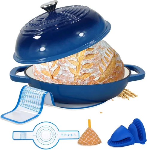 Horno de pan de hierro fundido esmaltado, horno holandés de 6 cuartos de galón para hornear pan de masa madre, kit de sartén esmaltada de 11
