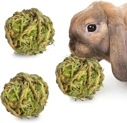 Miniatura 16 de SunGrow Paquete de 3 bolas masticables de conejo, juguete de dentición de hierba surtida para mascotas de bolsillo pequeñas, soporte de desgaste