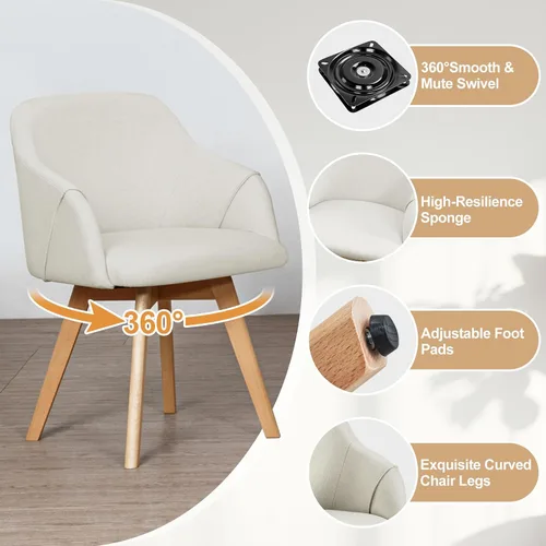 Miniatura 5 de Juego de 2 sillas de comedor giratorias, modernas de mediados de siglo con brazos y patas de madera, sillas de cocina tapizadas de tela de lino