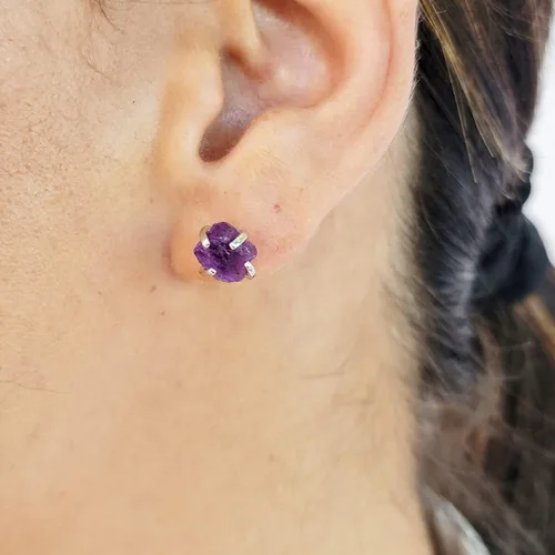 Miniatura 45 de Natural raw gemstone stud earrings with white gold over 925 sterling silver, 6 to 7mm rough genuine quality birthstone gift for her, Uniquelan