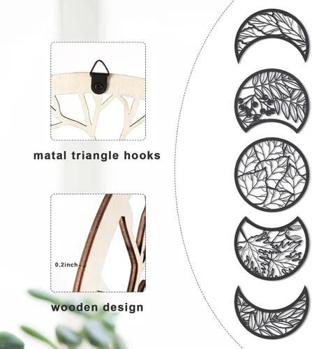 Miniatura 3 de Jetec 5 piezas de arte de pared de fase lunar para colgar en la pared, frontones de madera, fase lunar espiritual, dormitorio, nórdico, bohemio