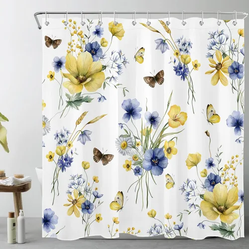 HVEST Cortina de ducha floral azul y amarillo con ganchos, flores de primavera y mariposa sobre blanco, cortinas de ducha para decoración de baño,
