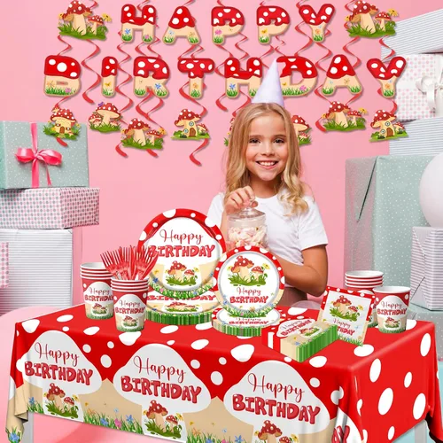 Miniatura 3 de Decoraciones de cumpleaños de hongos, 150 piezas de vajilla de fiesta temática de hongos, incluye platos, servilletas, mantel, espirales colgantes