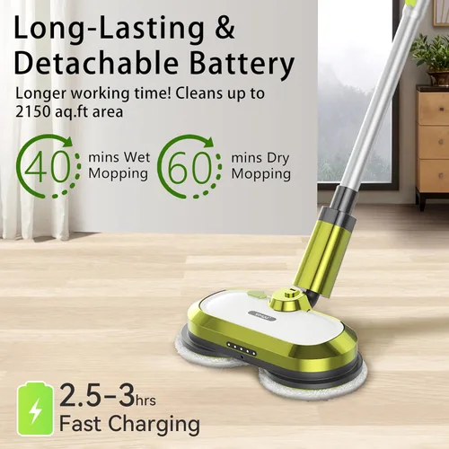 Miniatura 2 de VMAI Trapeador eléctrico inalámbrico, trapeador eléctrico giratorio con faro LED y rociador de agua, hasta 60 minutos, potente limpiador de suelos