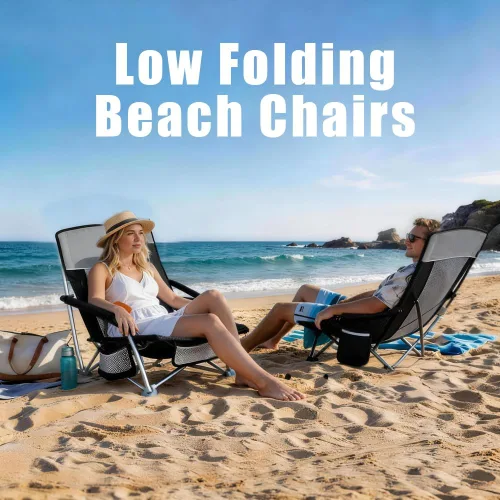 Miniatura 4 de SUNNYFEEL Silla de playa baja – Sillas de playa plegables con respaldo alto para adultos con portavasos y bolsillo lateral, mochila ligera silla