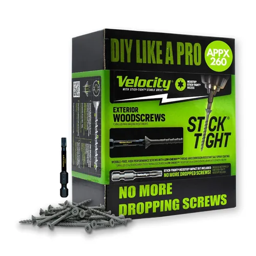 Miniatura 7 de Velocity - Tornillos para madera exteriores 1 1/2 y puntas Torx T20 (talla #8), tecnología adherente, fabricado con acero al carbono, incluye broca