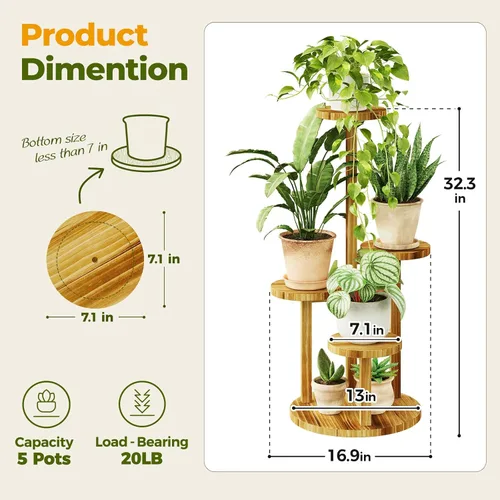 Miniatura 4 de Bamworld Soporte para plantas de 3 niveles para interiores, estante esquinero de madera para múltiples plantas, soporte redondo pequeño para flores