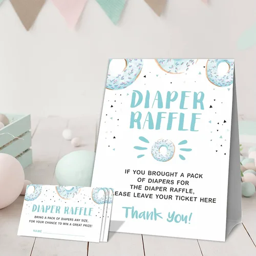 Miniatura 2 de Juegos de baby shower, 1 letrero de pie para rifas de pañales con 50 boletos para rifas de pañales, decoración de fiesta de baby shower con temática