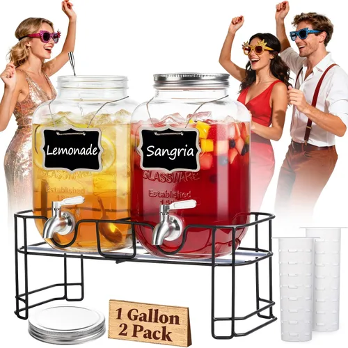 KIKCOIN Paquete de 2 dispensadores de bebidas de vidrio para fiestas, dispensador de bebidas de 1 galón a prueba de fugas con espita de acero