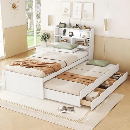 Miniatura 17 de Bellemave Cama individual con cajones, plataforma de madera con cabecero y estribo, cama capitán de madera para niños, niñas, niños, adolescentes
