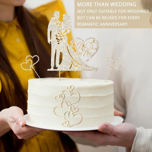 Miniatura 6 de Spiareal 4 piezas Decoración para tarta de boda de señor y señora con diamantes de imitación, novia y novio, corazón de amor, decoración de pastel