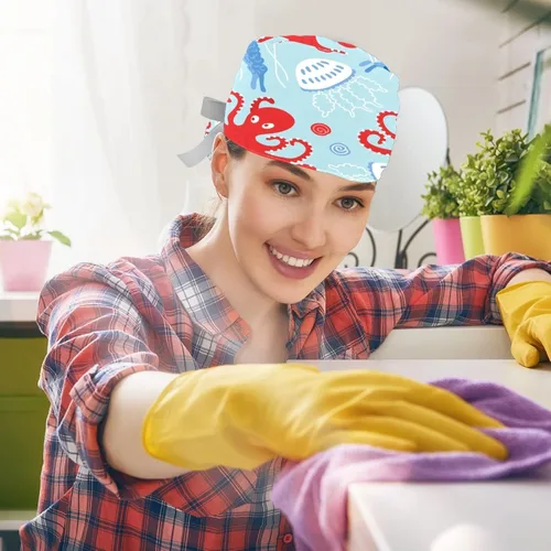 Miniatura 5 de Paquete de 2 gorras de trabajo con botones, banda para el sudor, gorras quirúrgicas ajustables para mujeres y hombres, pulpo de ballena oceánica