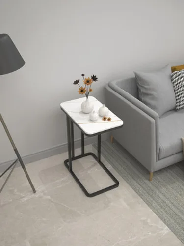 Miniatura 4 de Mesa auxiliar auxiliar en forma de C, mesa auxiliar para sofá nórdico, mesa de centro de piedra sinterizada y base de metal, elegante para Blanco