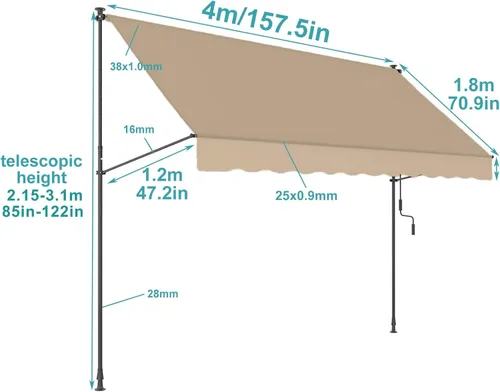 Miniatura 2 de Toldo retráctil para patio, toldo impermeable para puertas, ventanas, cubiertas, porche, patio trasero, jardín (color beige (soporte blanco)