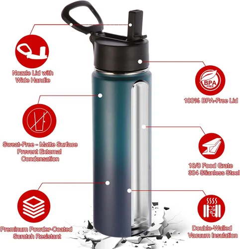 Miniatura 5 de Volhoply Botellas de agua aisladas con popote a granel, paquete de 4, botellas deportivas de acero inoxidable de 22 onzas con asa, tazas de agua