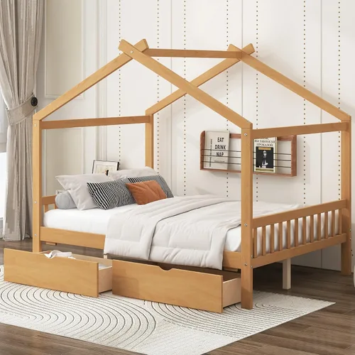 Miniatura 13 de Bellemave Cama Casa Tamaño Twin con 2 Cajones de Almacenamiento Cama Casa Montessori de Madera para Niños Marco de Cama de Madera Casa de Juegos Gris