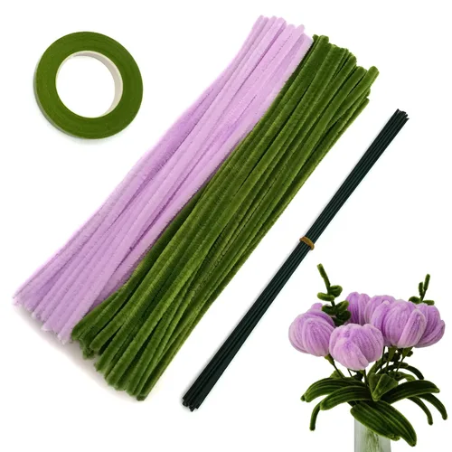 Miniatura 9 de Juego de 200 limpiapipas naranja verde oliva con alambres florales y cinta de jardinería, tallos de felpilla para hacer ramos de tulipanes, caqui