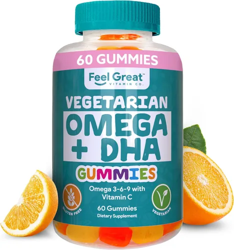 Feel Great - Gomitas Omega y DHA para adultos Alternativa de aceite de pescado Omega 3 a base de plantas | Vegetariana | Vitamina C, chía y omega3,