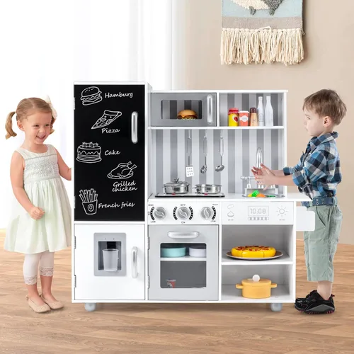 Miniatura 9 de Costzon Juego de cocina para niños, juego de cocina de chef de madera grande con sonidos y luces reales, microondas, pizarra, horno, máquina