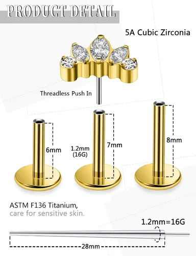 Miniatura 2 de 20G 18G 16G Astm F136 - Aretes de titanio sin rosca con parte trasera plana, tragus hélice, caracola, piercing, nariz, labio, hélice, cartílago