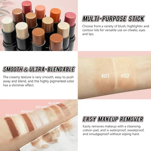 Miniatura 6 de Kit de maquillaje en barra de contorno de crema de 2 piezas, resaltador brillante y bronceador, varita de contorno de barra bronceadora, resistente