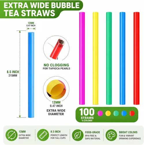 Miniatura 2 de 100 pajitas de plástico extra grandes para té de burbujas y batidos, pajitas de 1/2" de ancho x 8 1/2" de largo para boba