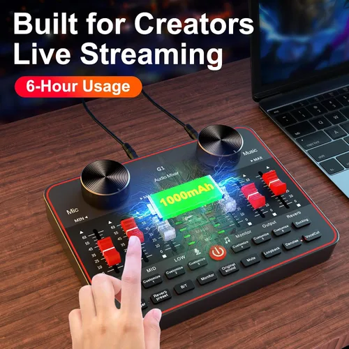 Miniatura 8 de Mezclador de audio, placa de sonido para transmisión en vivo, canto y juegos en PC/teléfono, interfaz de audio para micrófono de 3.5 mm, tarjeta