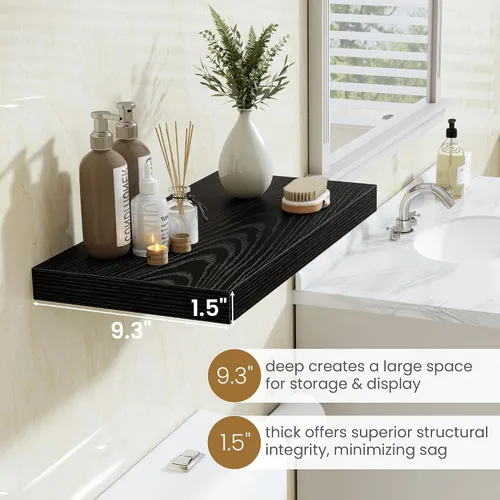 Miniatura 4 de Fun Memories Estantes flotantes de 48 pulgadas en negro, estantes de pared de 9.3 pulgadas de profundidad para baño, sala de estar, dormitorio