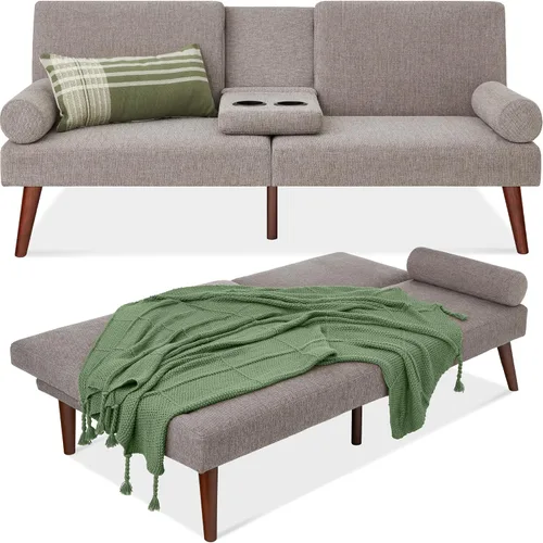 Miniatura 9 de Best Choice Products Mid-Century - Futón tapizado moderno, sofá cama plegable convertible, sofá pequeño con reposabrazos redondeados, 2 portavasos