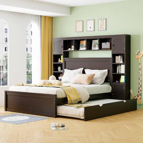 Miniatura 25 de Cama de plataforma tapizada de tamaño matrimonial con nido, cama con plataforma tapizada de vellón de peluche con soporte de listones de madera