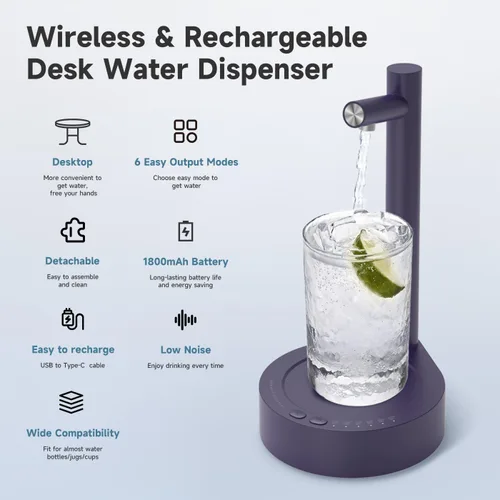 Miniatura 4 de Dispensador de agua de escritorio para botella de 5 galones, bomba de agua eléctrica portátil de escritorio con carga USB-C rápida para el hogar