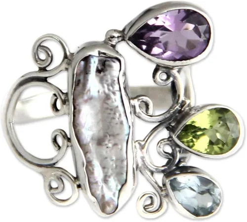 NOVICA Anillo de cóctel artesanal con perlas de agua dulce cultivadas a mano, anillos de amatista, plata de ley 925, topacio azul, peridoto verde,