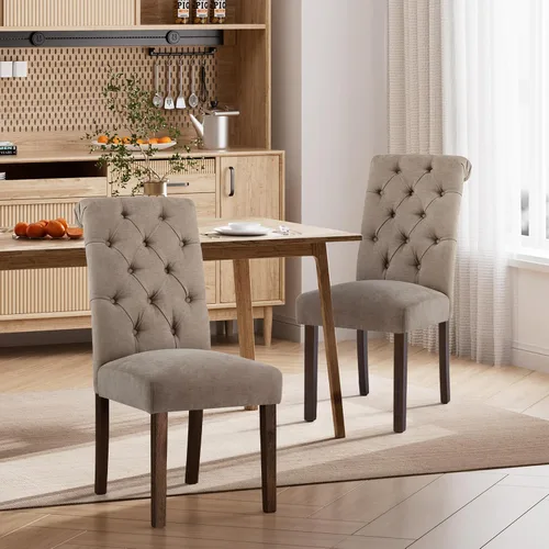 Miniatura 14 de Juego de 2 sillas de comedor, tapizadas Parsons con botones y patas de madera maciza, sillas de cocina de tela moderna para comedor, color beige