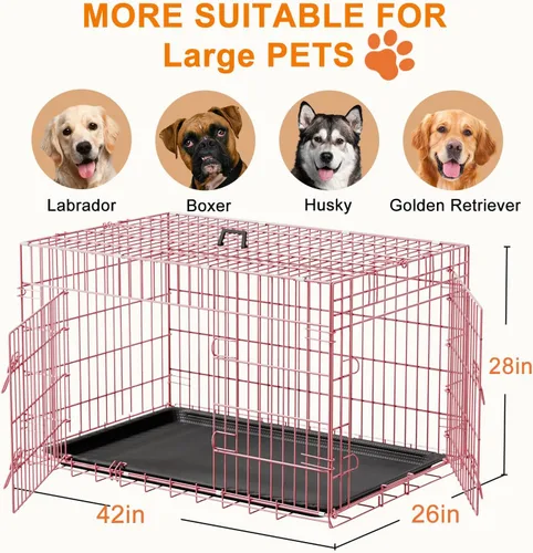 Miniatura 7 de FDW Jaula grande para perros de 42 pulgadas, jaula plegable de metal con bandeja a prueba de fugas, diseño plegable