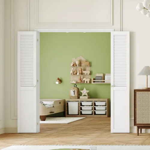 Miniatura 17 de Puerta plegable de 180 grados, para aberturas de 30 ″ x 80 ″, puerta plegable esmerilada blanca 3-Lite con bisagras, juego de herrajes para puertas