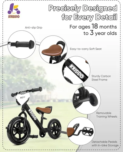 Miniatura 5 de KRIDDO - Triciclo 2 en 1 para niños y bicicleta de equilibrio para niños de 2 años, pedales desmontables y ruedas de entrenamiento guardables, placa