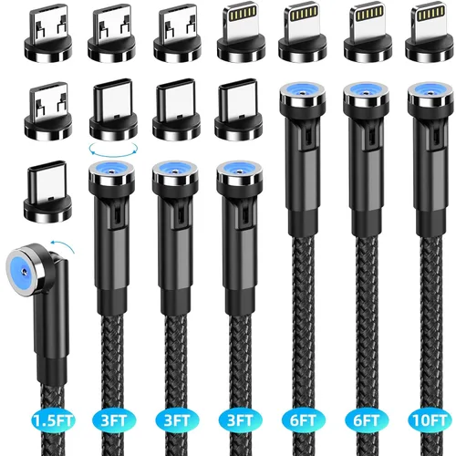 7 unidades de cable de carga magnético giratorio de 540 con 3 en 1, cable magnético telefónico de nailon trenzado de 1,6 pies/3 pies/3 pies/3 pies/6