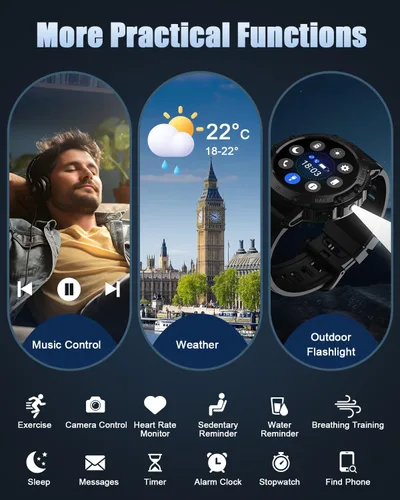 Miniatura 6 de Relojes inteligentes militares para hombres (respuesta/hacer llamadas), reloj de fitness HD de 1.39 pulgadas, monitor de sueño de frecuencia