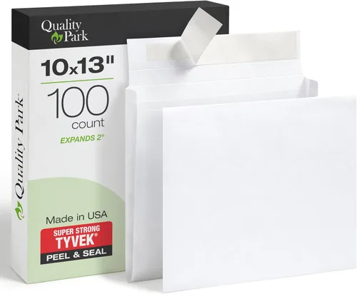 Quality Park Tyvek - Sobres grandes de 10 x 13 pulgadas, paquete de 100 unidades, 2 pulgadas de expansión, desgarros, pinchazos y bolsas de correo