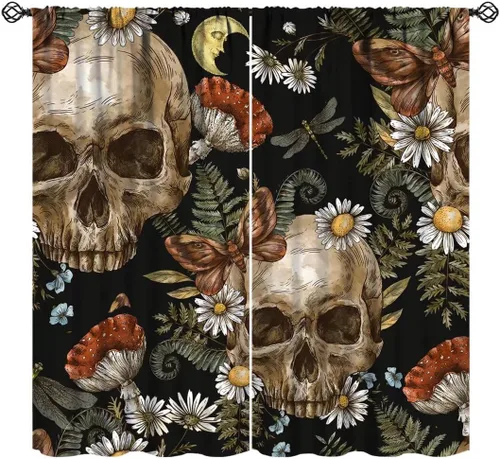 Miniatura 4 de Divertidas cortinas opacas de calavera de azúcar, cementerio del día de los muertos, diseño floral de México, telón de fondo negro, cortinas