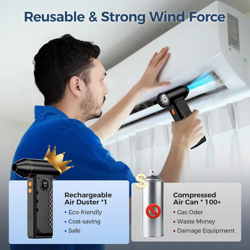 Miniatura 8 de Limpiador de Aire Comprimido, Plumero de Aire Eléctrico de 150000RPM con Pantalla LED y Luz, Soplador de Aire Inalámbrico Ajustable de 4 Engranajes