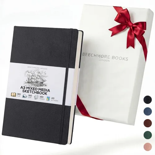 Beechmore Books Cuaderno de bocetos A3 – 11.7 x 16.5 pulgadas de cuero vegano de primera calidad, tapa dura, 160gsm, 160 páginas perforadas de color