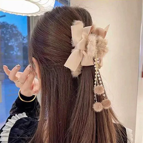 Jumwrit Pinzas para el cabello con mandíbula de plátano peludas con lazos, borlas de perlas y fijación fuerte para mujeres y niñas, accesorios de