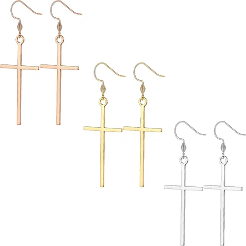 HAIAISO 3 pares de aretes de cruz de acero inoxidable clásicos de oro rosa, plata y cruz colgantes, joyería de cruz minimalista para mujer