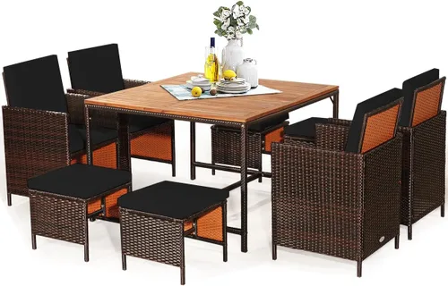 HAPPYGRILL Juego de 9 piezas de comedor para patio al aire libre con asientos acolchados, mesa de comedor que ahorra espacio con mesa de madera de