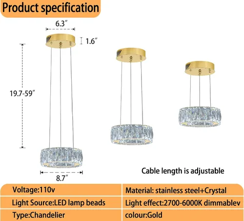 Miniatura 3 de Araña de Cristal LED Moderna Regulable de 8" Anillo Dorado Luminarias Colgantes para Isla de Cocina Comedor Sala de Estar