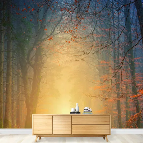 Miniatura 21 de SIGNWIN Adhesivo mural removible para pared, luz solar mística, niebla, bosque de árboles verdes, naturaleza, desierto, fotografía, realismo