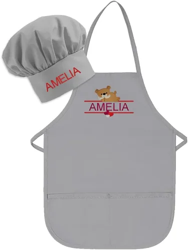 Miniatura 9 de Conjunto de delantal y sombrero personalizado para niños, diseño de animales, añade tu propio nombre para niños, cocina, horneado Blanco